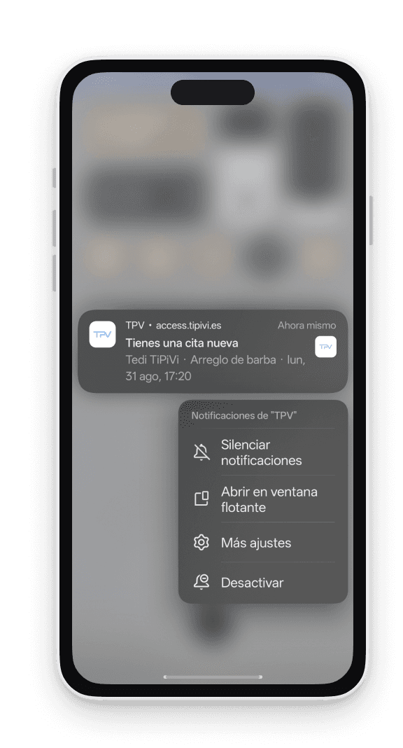 Aviso en el móvil del profesional avisando de una cita nueva, con el servicio y la hora